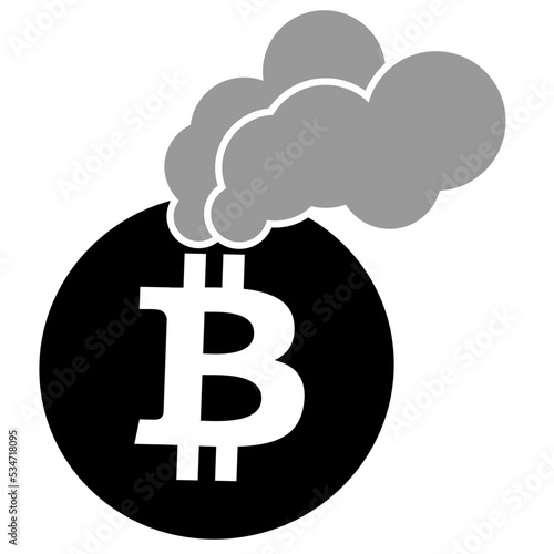 Vector illustration of Bitcoin cryptocurrency as it emits huge amount of CO2 when mining through the chimneys