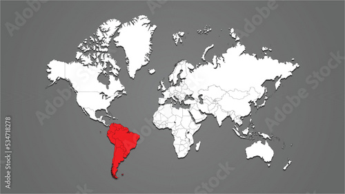 south america continent or country highlighted in red on world map 3d vector