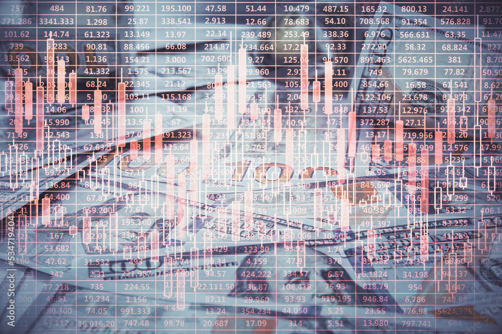Multi exposure of forex chart drawing over us dollars bill background. Concept of financial success markets. Multi exposure of forex chart drawing over us dollars bill background. Concept of financial success markets.