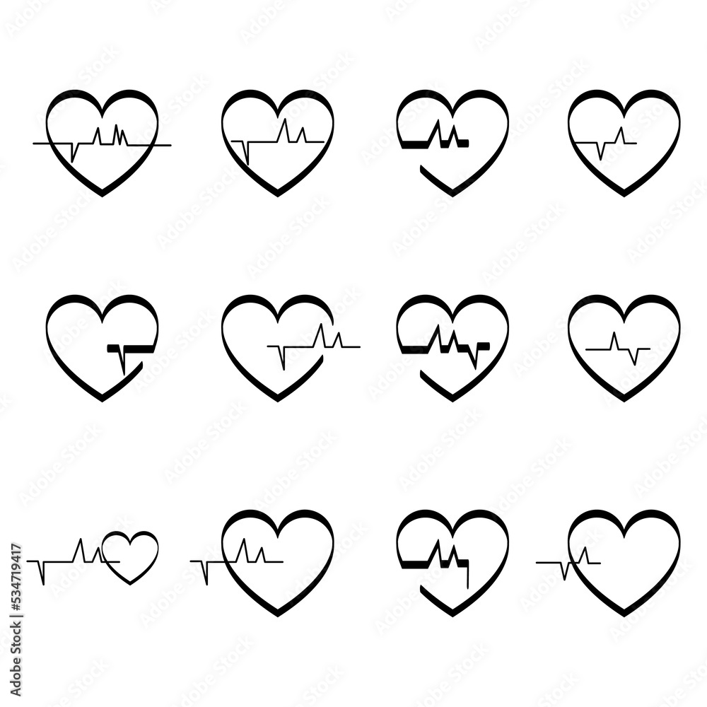 Heartbeat line icon set in black.