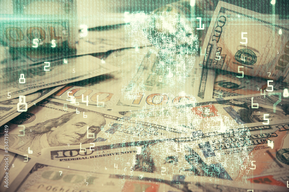 Double exposure of data theme drawing over us dollars bill background. Technology concept.