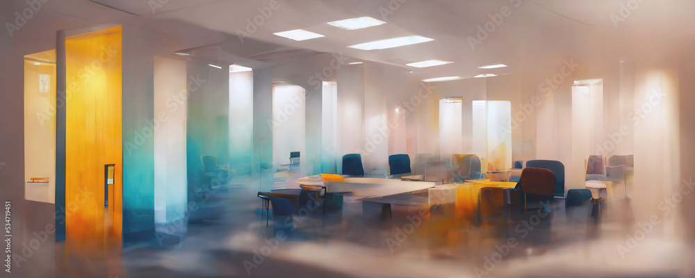 Watercolour art of abstract blurred office hall interior. Blurry