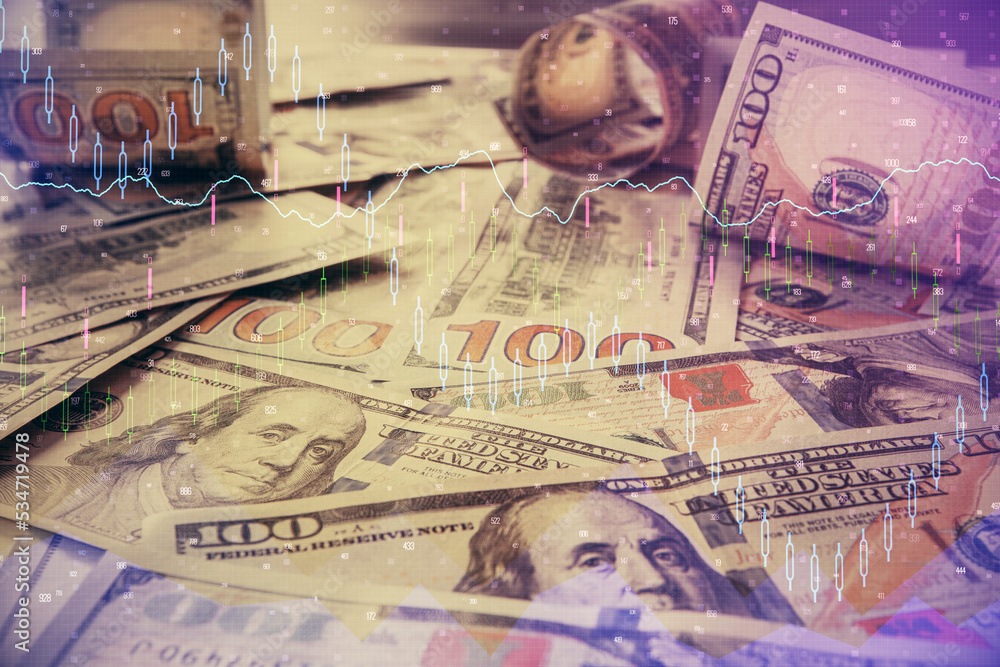 Multi exposure of forex chart drawing over us dollars bill background. Concept of financial success markets. Multi exposure of forex chart drawing over us dollars bill background. Concept of financial success markets.