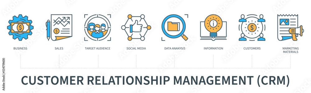 Customer relationship management concept with icons in minimal flat line style