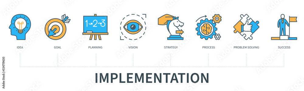 Implementation concept with icons in minimal flat line style Implementation concept with icons in minimal flat line style