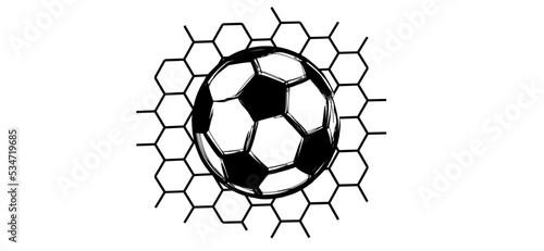Cartoon soccer ball as stickman, stick figure man with football net. Vector supporters. For world wk, ek sport finale, sports game cup. Grass fietld. Mascot character stop the balls