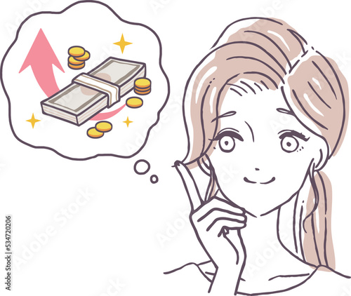 収入アップ　転職　出世　キャリアアップ　昇給　ボーナス　お金　について考える女性のイラスト素材