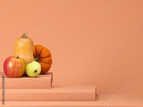 Halloween decorations on pastel color background. Podium or pedestal with pumpkins for products display or advertising for autumn holidays. 3d illustration for fall.