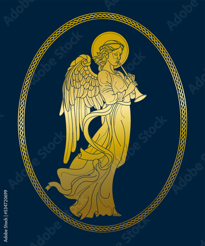 Golden Angel with flute illustration, framed by an oval locket (medaillon)