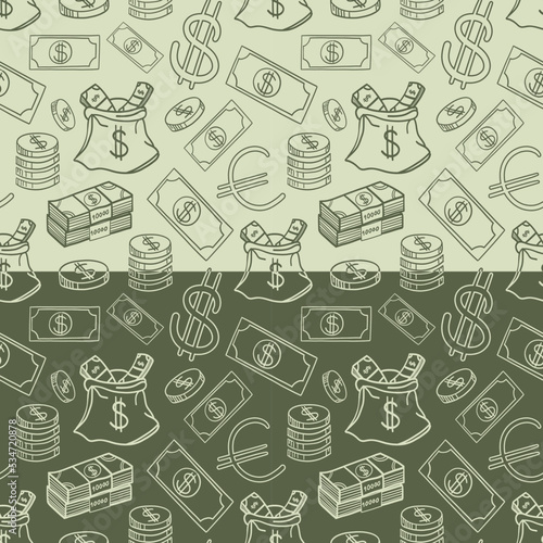 Seamless pattern with money signs, cash bills, coins, dollar and euro.
