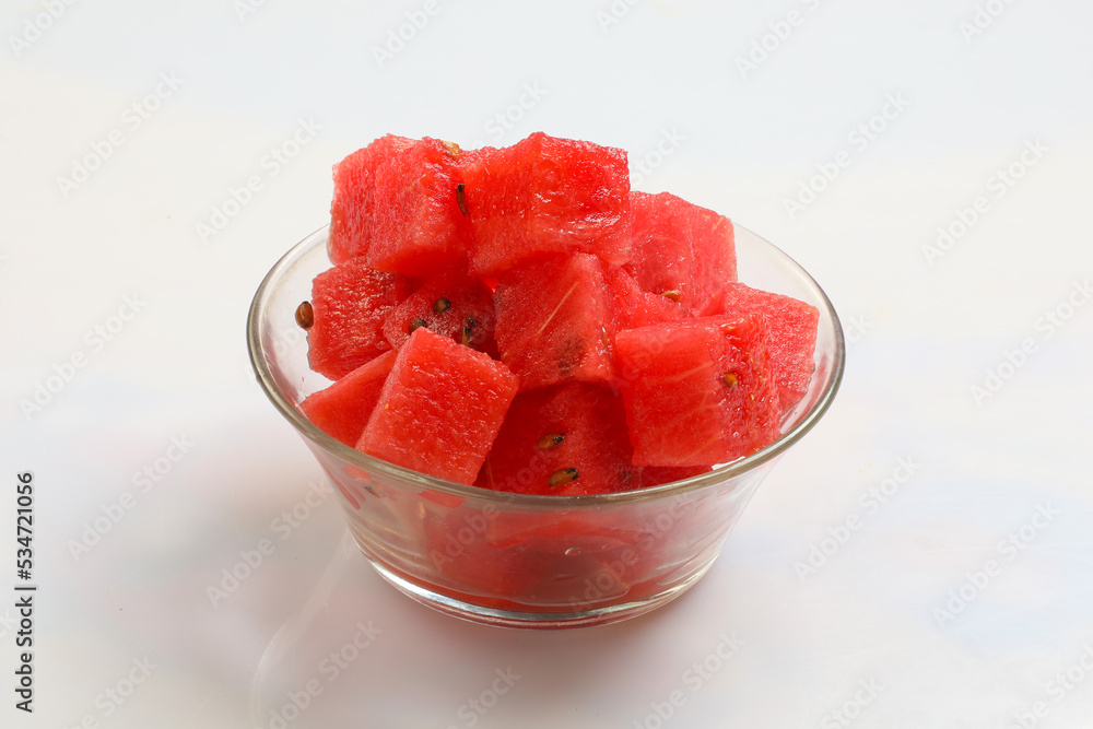 watermelon isolated on white background, clipping path, full depth of field. in transparent bowl watermelon isolated on white background, clipping path, full depth of field. in transparent bowl