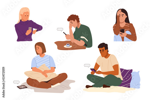 People are waiting for a phone call or online message. Sad frustrated men and women with smartphones typing, expecting for sms. Flat vector illustration isolated on white background