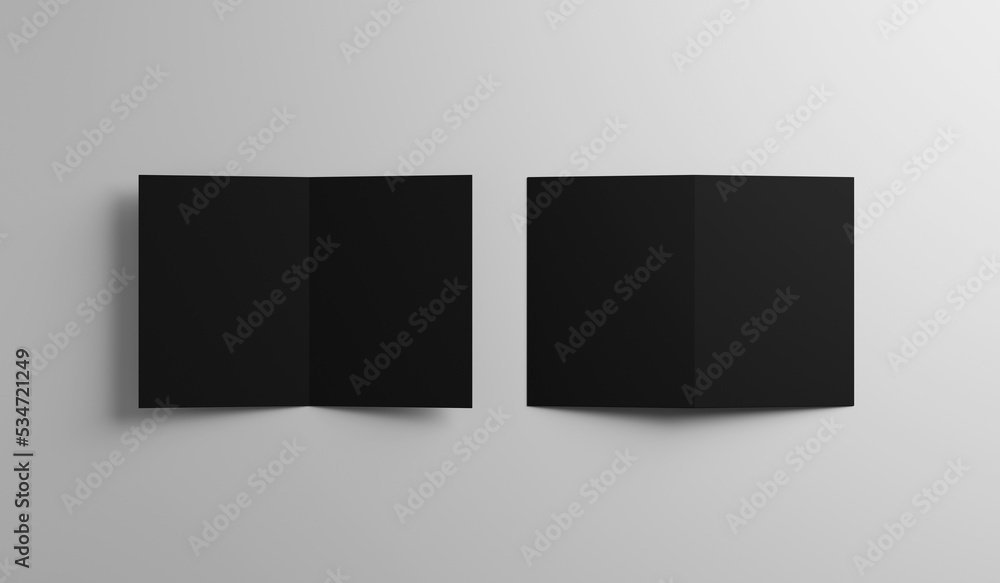 Open black bifold leaflet, brochure, catalogue mockup on grey background, 3D rendering Open black bifold leaflet, brochure, catalogue mockup on grey background, 3D rendering