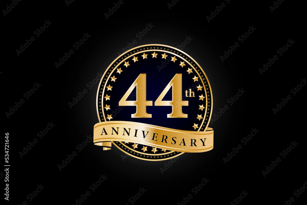 44th anniversary golden gold logo with gold ring and ribbon isolated on black background, vector design for celebration. 44th anniversary golden gold logo with gold ring and ribbon isolated on black background, vector design for celebration.