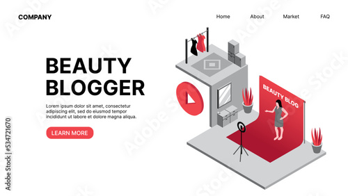 Beauty Blogger. Vlogging. Horizontal Web Landing Page. Vector illustration