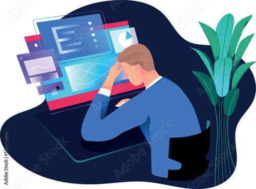 tired of processing man character at the computer