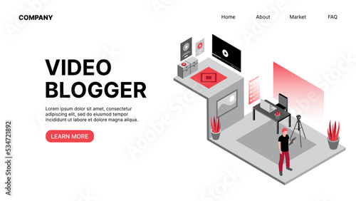 Video Blogger. Vlogging. Horizontal Web Landing Page. Vector illustration