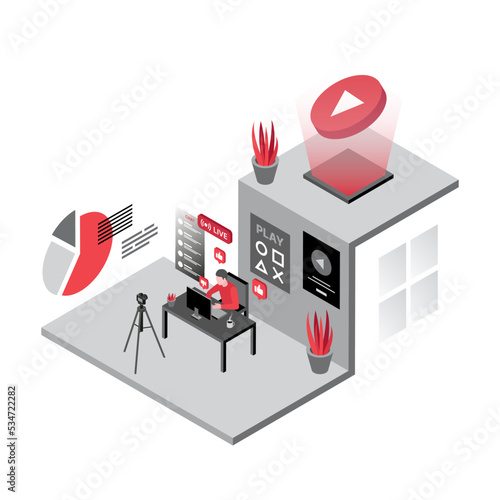 Video Game Streamer Illustration. Vlogging. Gamer Streaming in the Studio. Vector illustration