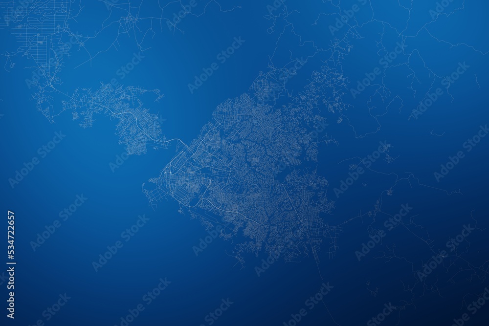 Stylized map of the streets of Douala (Cameroon) made with white lines on abstract blue background lit by two lights. Top view. 3d render, illustration Stylized map of the streets of Douala (Cameroon) made with white lines on abstract blue background lit by two lights. Top view. 3d render, illustration