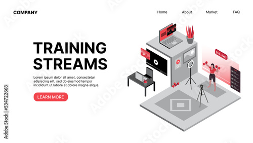 Training Streams. Vlogging. Horizontal Web Landing Page. Vector illustration