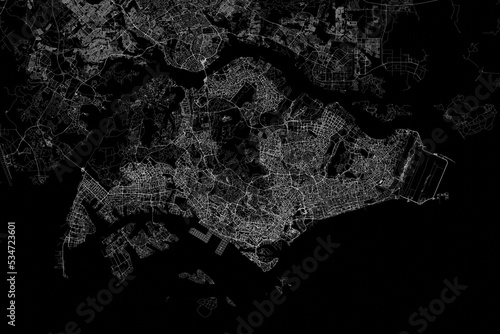 Stylized map of the streets of Singapore made with white lines on black background. Top view. 3d render, illustration