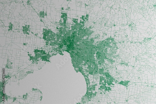 Map of the streets of Melbourne (Australia) made with green lines on white paper. 3d render, illustration