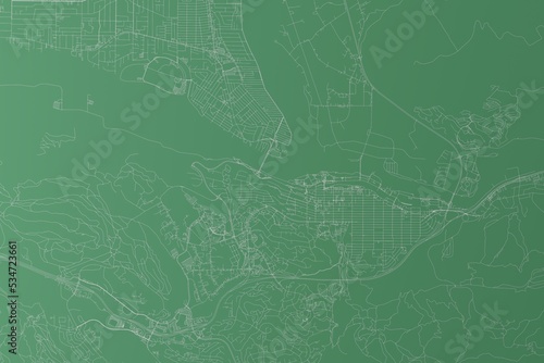 Stylized map of the streets of Kamloops (Canada) made with white lines on green background. Top view. 3d render, illustration