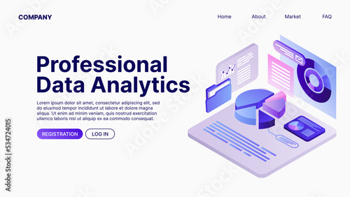 Online Data Analytics. Data Analyse. Landing Page Template. Vector illustration