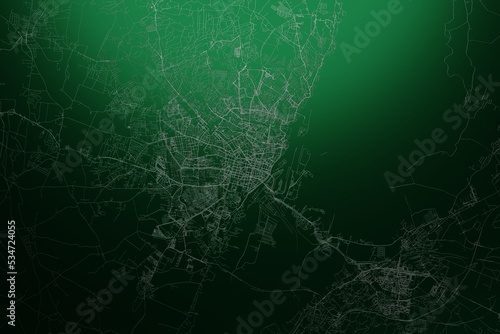 Street map of Szczecin (Poland) engraved on green metal background. Light is coming from top. 3d render, illustration