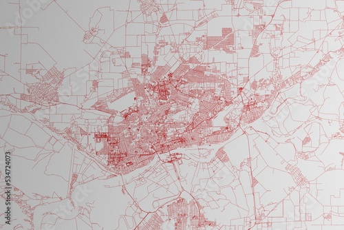 Map of the streets of Rostov on Don (Russia) made with red lines on white paper. 3d render, illustration