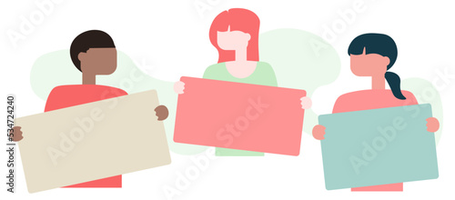 Flat design isolated vector illustration of teenage black man, pink and sporty pony tail hair woman holding empty black free copy space rectangle banner for you to fill your own text