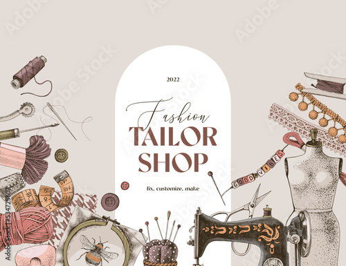 Tailor shop banner on beige background