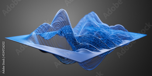 Illustration of abstract wireframe sound waves, visualization of frequency signals audio wavelengths, conceptual futuristic technology waveform background with copy space for text photo