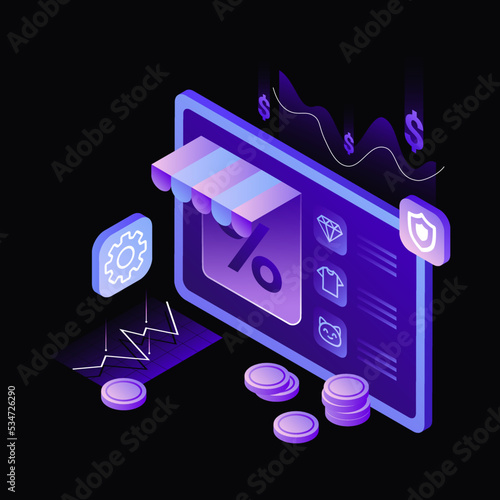 E-commerce Project Illustration. Online Shopping. Sales. Black Template. Vector illustration