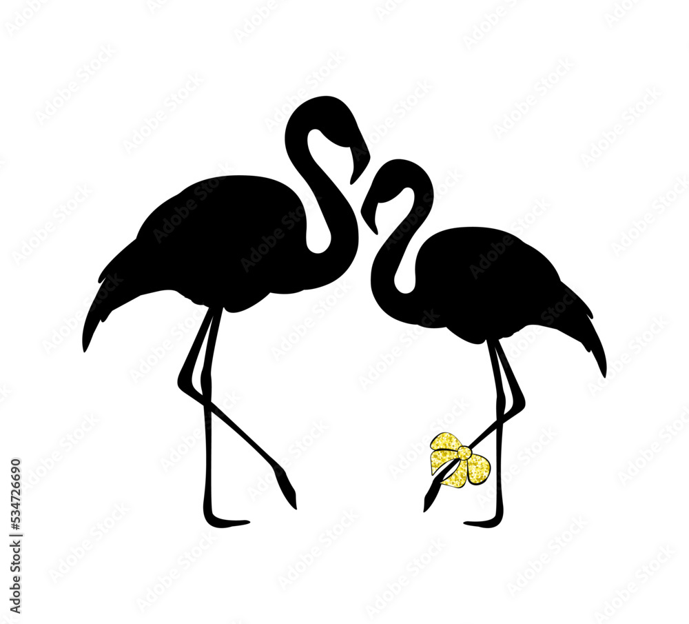 Black silhouette of flamingos with gold glitter bow. Animal print.