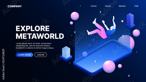 Explore Metaworld. Metaverse Development Landing Page Concept. Vector illustration