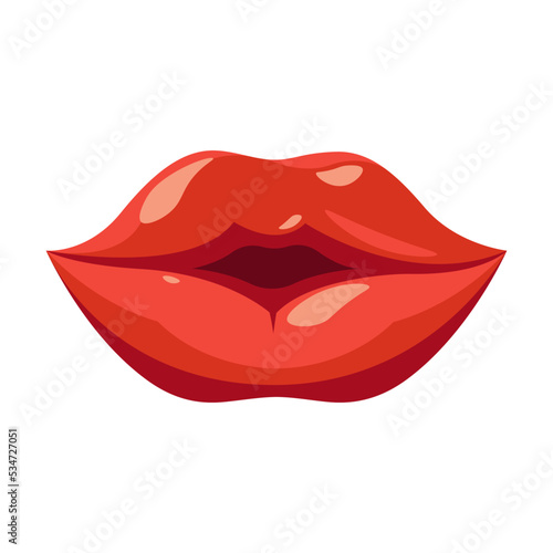 Red lips. Female smile, woman biting lip, showing kiss expression or tongue. Vector illustration for glamour, lipstick, emotions, comics concept