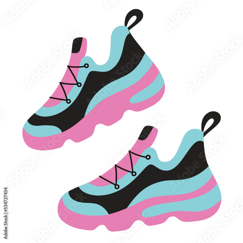 Sneakers doodle icon, a pair of female running shoes, women trainers for fitness and sport, sportswear vector illustration, outfit for exercises in gym and at home, isolated colored clipart