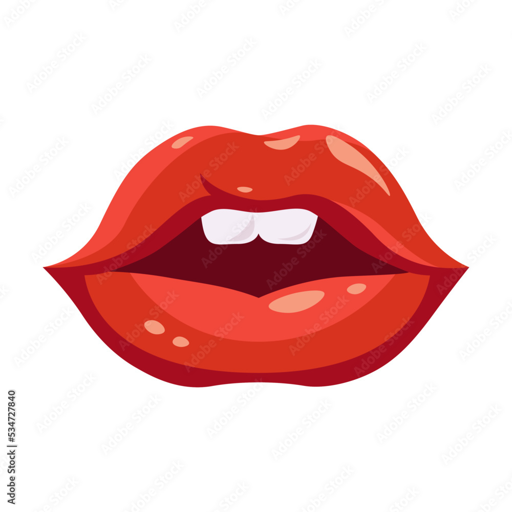 Red lips. Female mouth, sexy smile with white teeth, woman biting lip, showing kiss expression or tongue. Vector illustration for glamour, lipstick, emotions Red lips. Female mouth, sexy smile with white teeth, woman biting lip, showing kiss expression or tongue. Vector illustration for glamour, lipstick, emotions