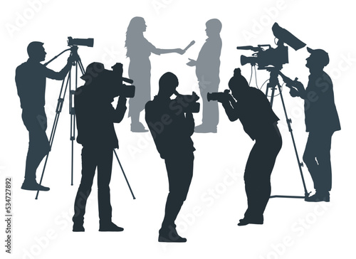 Journalist are interviewing, silhouette. Press conference, reporters. People with video and photo cameras. Vector illustration