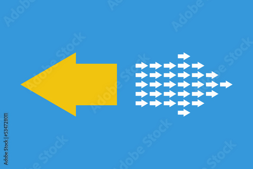 one big yellow and many small white arrows on blue background, two opposite direction or business strategy concept