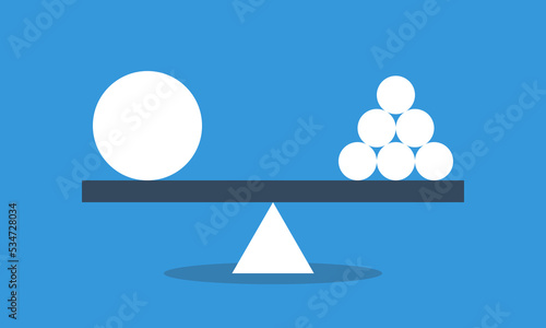 One big and many small balls in equilibrium on seesaw. Concept of harmony and balance. Vector flat style infografics illustration.