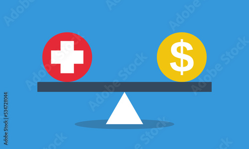 Medical cross and dollar coin in equilibrium on seesaw. Expensive health insurance concept. Vector flat style infografics illustration.