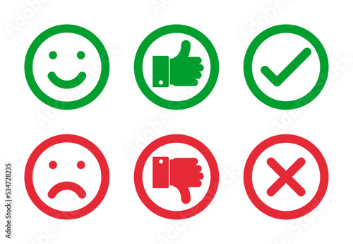 smile faces, thumbs up and down, check mark and cross outline green and red icons set