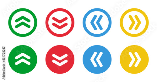 green up red down blue left yellow right arrows, round vector icons set