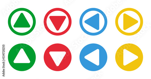 green up red down blue left yellow right arrows, round vector icons set