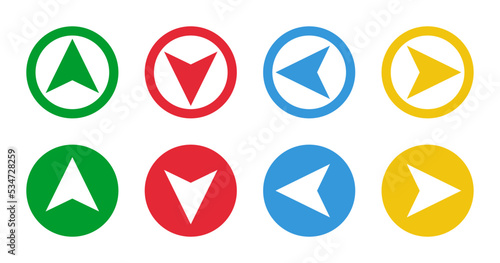 green up red down blue left yellow right arrows, round vector icons set