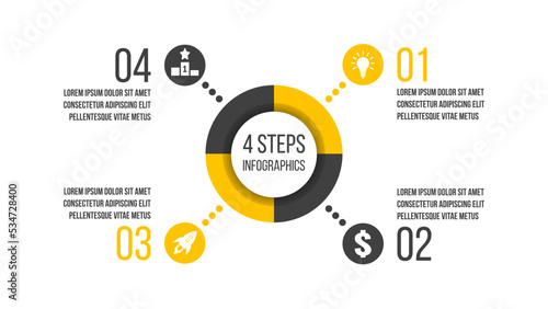 4 steps business process diagram. Four options vector infographics template. Strategy or marketing plan flow chart. Presentation layout with success icons.