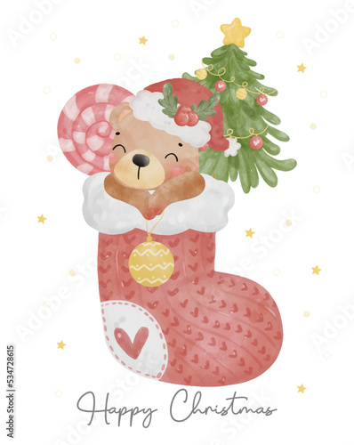 cute teddy bear in Christmas stocking sock with pine tree and candy, Christmas animal watercolour illustration vector