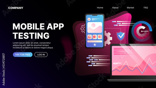 Mobile App Testing. Website Landing Page Template. Vector illustration